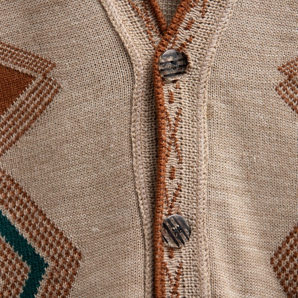 VTG Grandpa Cardigan Sweater Men L Brown Green Geometric Button Up Slouchy Aztec - Picture 2 of 5